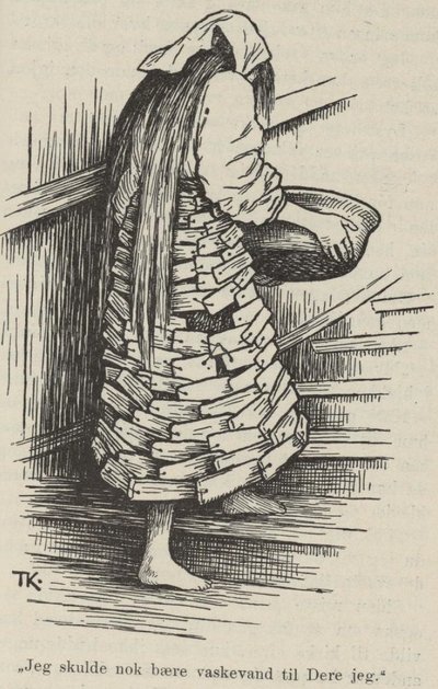 Kari Trstakk Katie Houtenmantel, in haar schorskleding zegt ik ging net het waswater voor je halen door Theodor Kittelsen